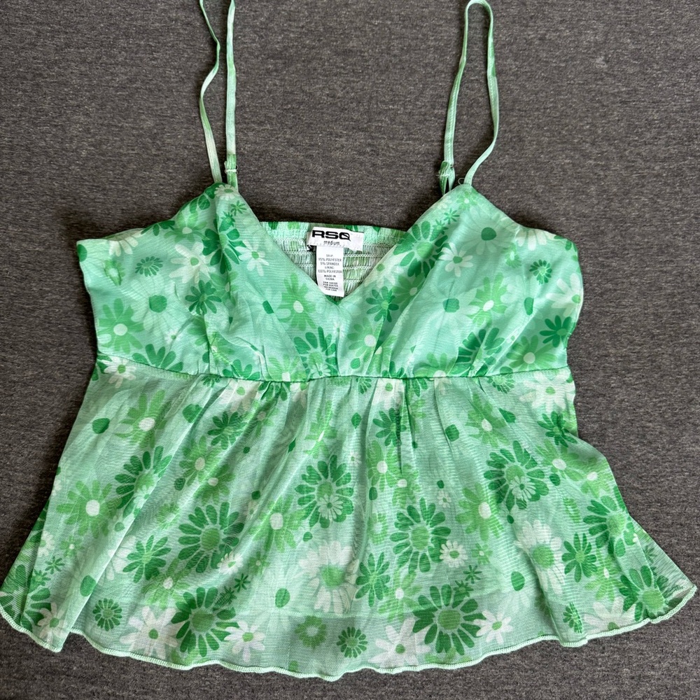 Green Flower Flowy Mesh Crop Top